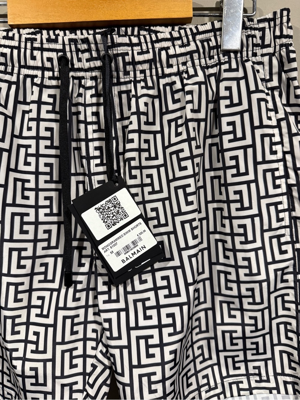 Balmain PB Labyrinth Mens Black & White Geometric monogram Swim Shorts - Picture 2 of 8
